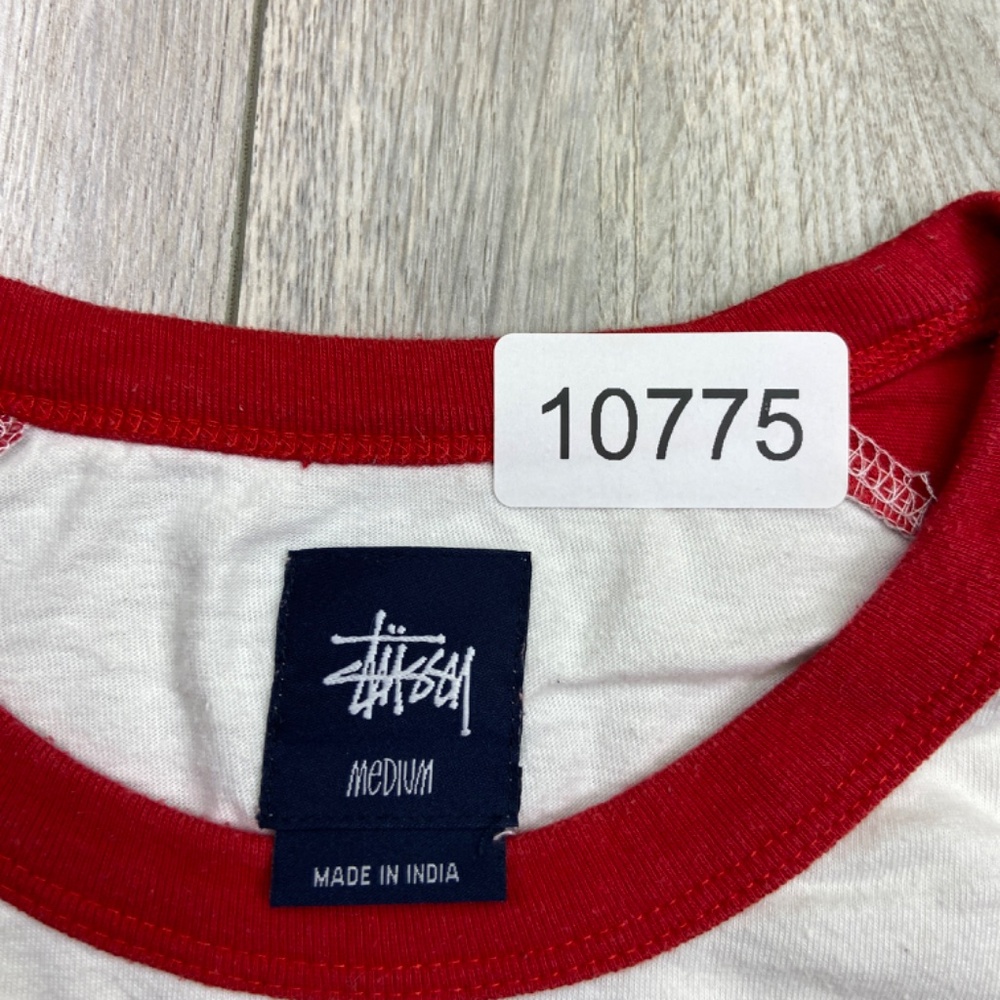 VINTAGE Stussy Raglan T-Shirt Men's Medium Red White Baseball 3/4 Sleeve Crown - Picture 12 of 16